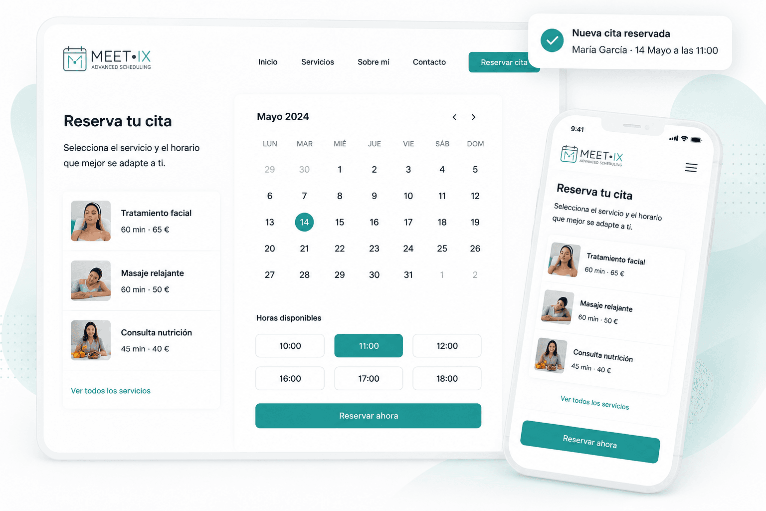 Meet-ix — plataforma de reservas inteligente con calendario, servicios y confirmación automática